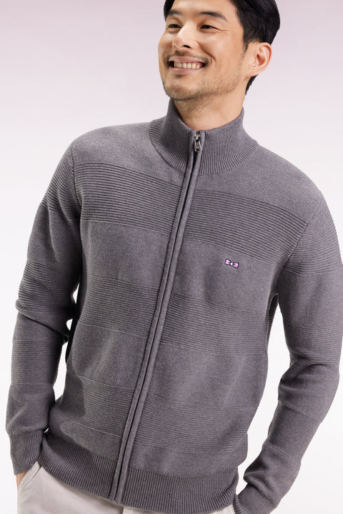 Grey cotton honeycomb zipped cardigan, straight cut - Image 1