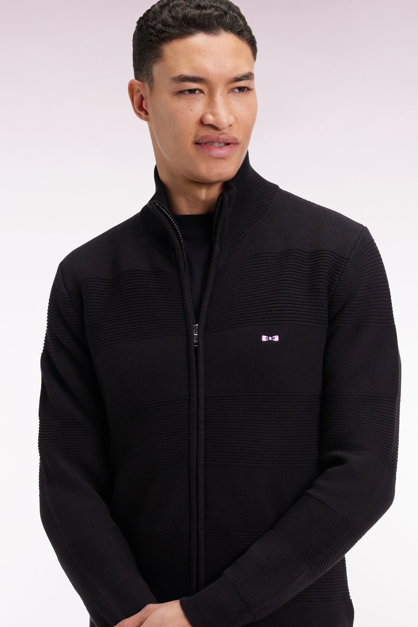 Zipped cardigan in black honeycomb cotton, straight cut