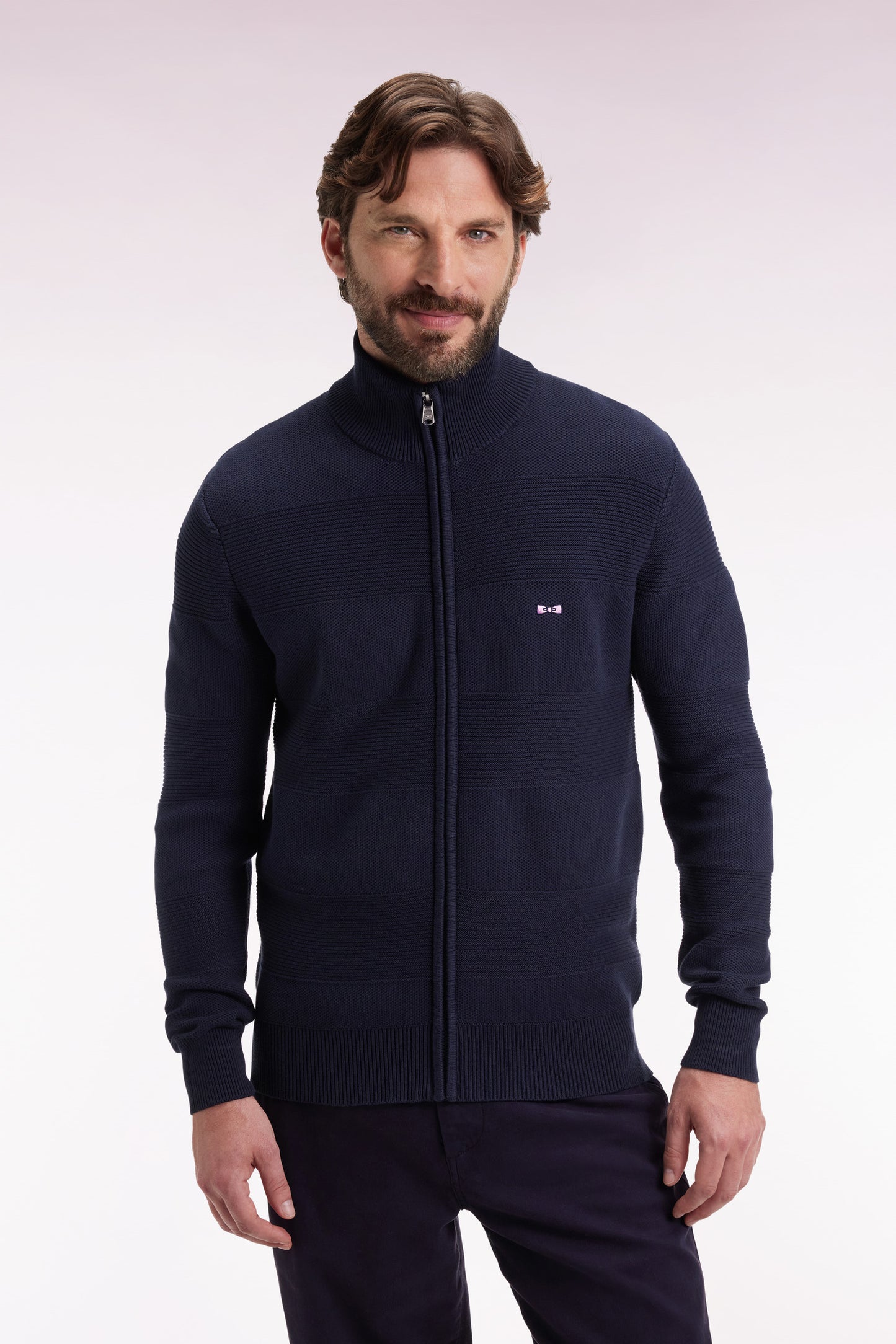 Navy honeycomb cotton zipped cardigan, straight cut