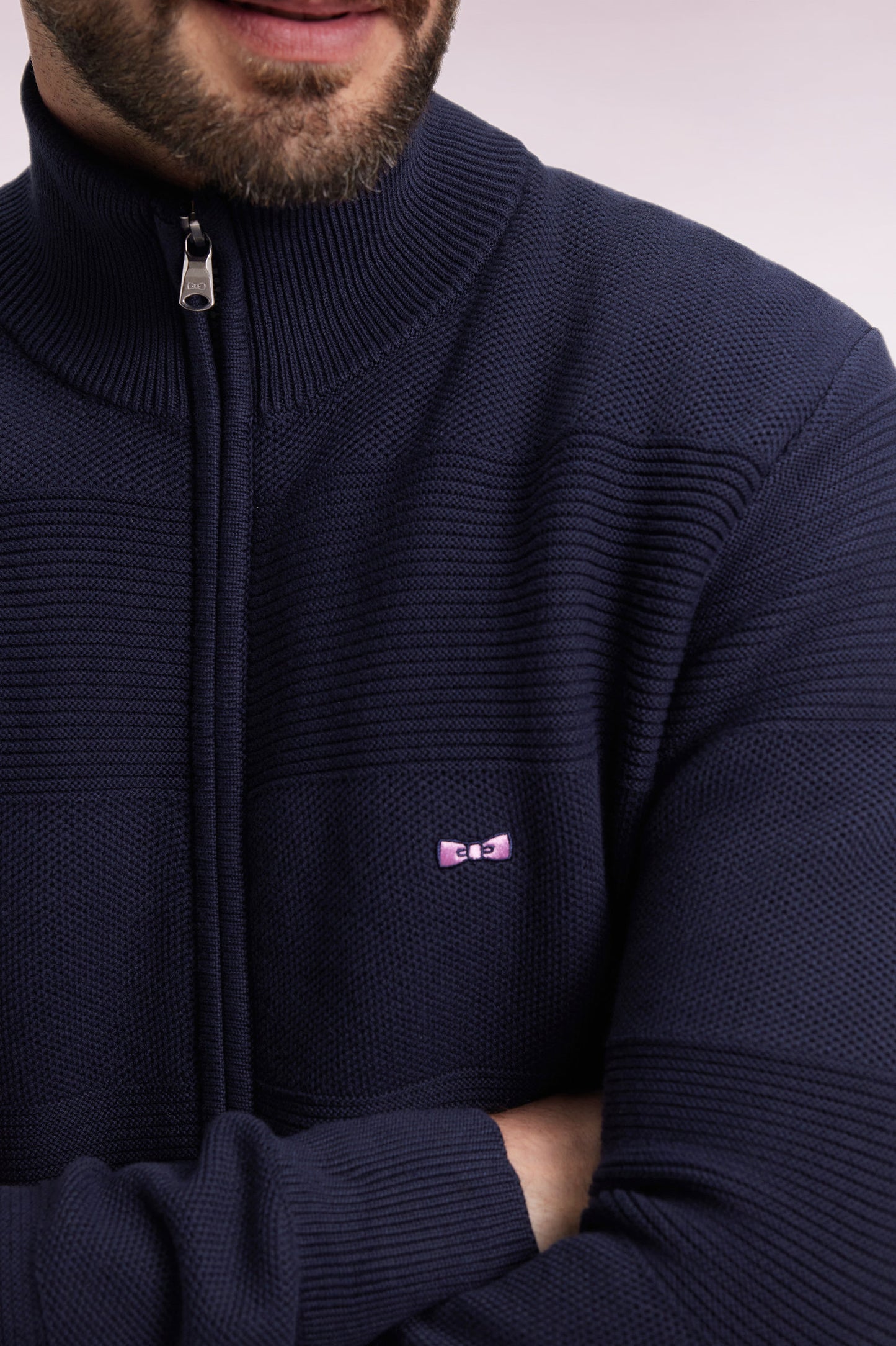 Navy honeycomb cotton zipped cardigan, straight cut