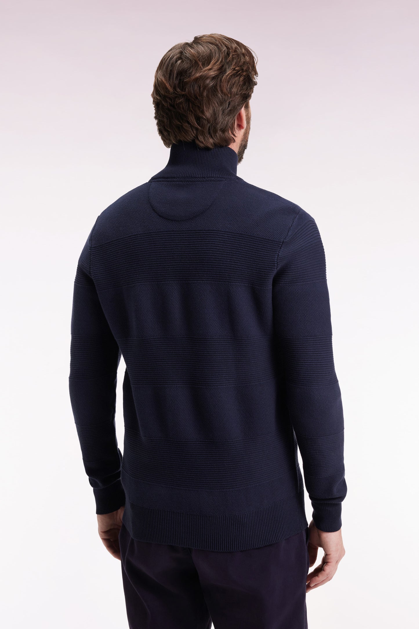Navy honeycomb cotton zipped cardigan, straight cut