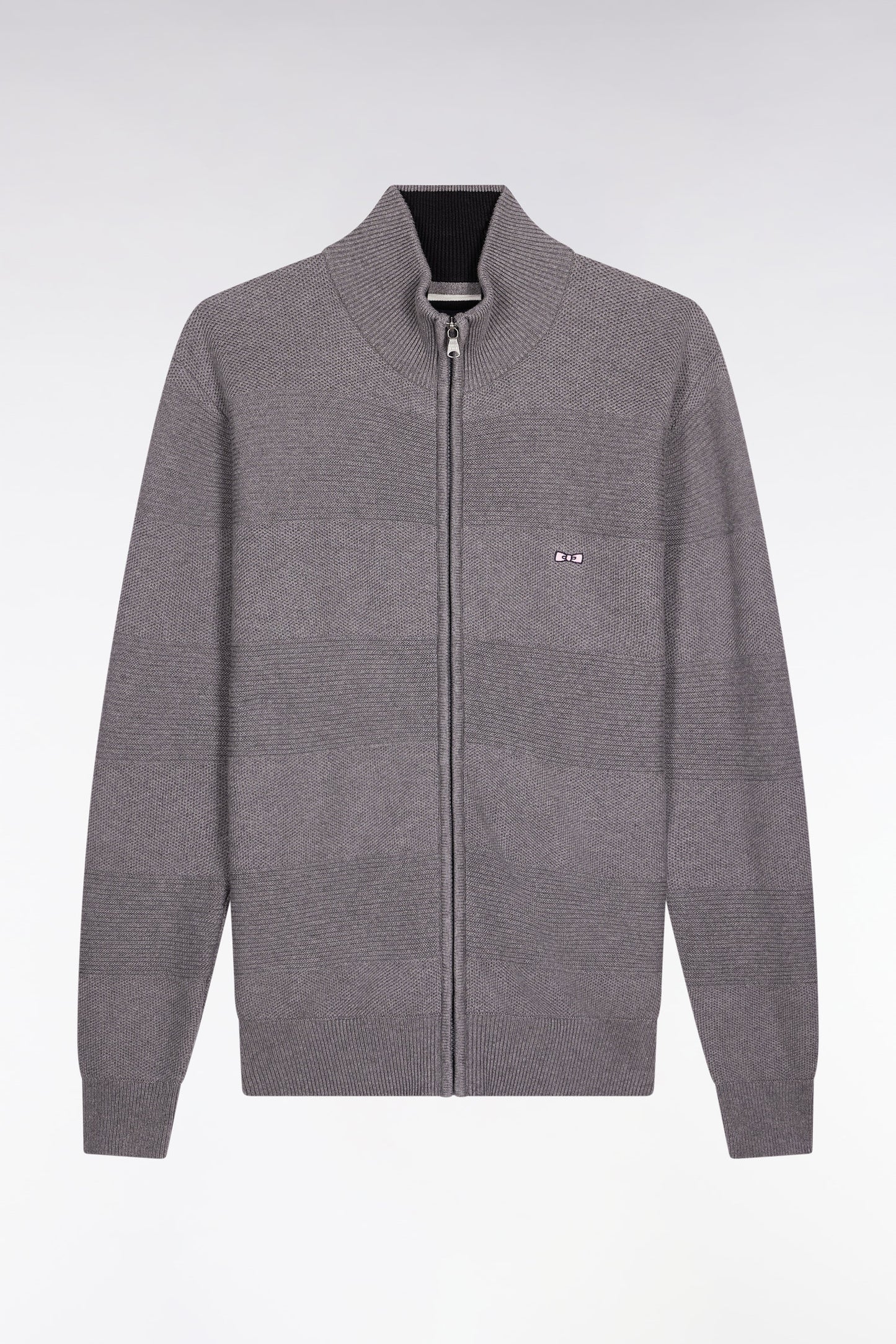 Grey cotton honeycomb zipped cardigan, straight cut