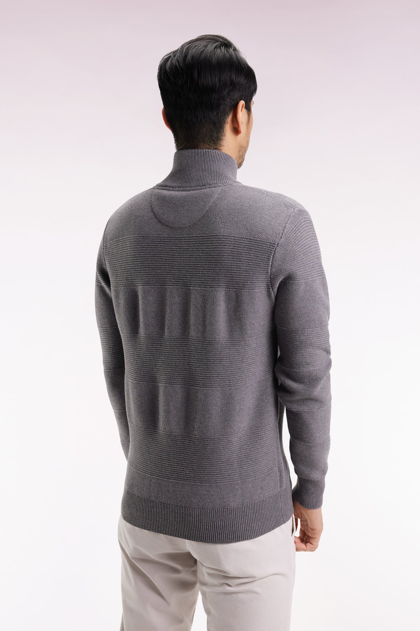 Grey cotton honeycomb zipped cardigan, straight cut