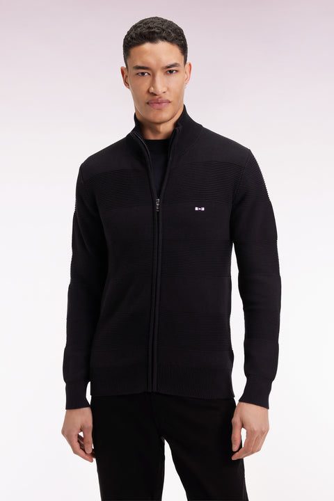 Zipped cardigan in black honeycomb cotton, straight cut - Image 3