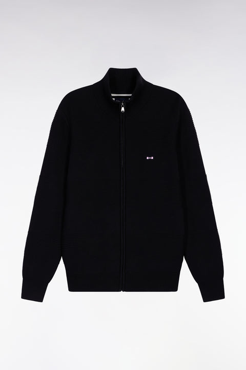 Zipped cardigan in black honeycomb cotton, straight cut - Image 2