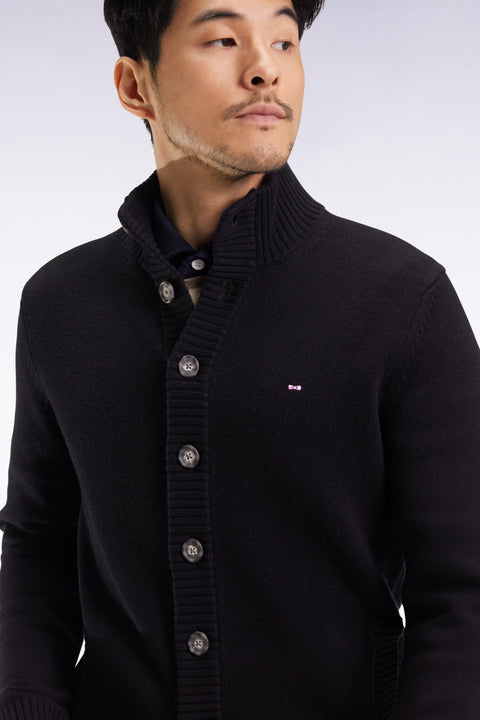 High-neck cardigan in black wool and cotton - Image 1