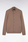 Camel wool and cotton cardigan with stand-up collar