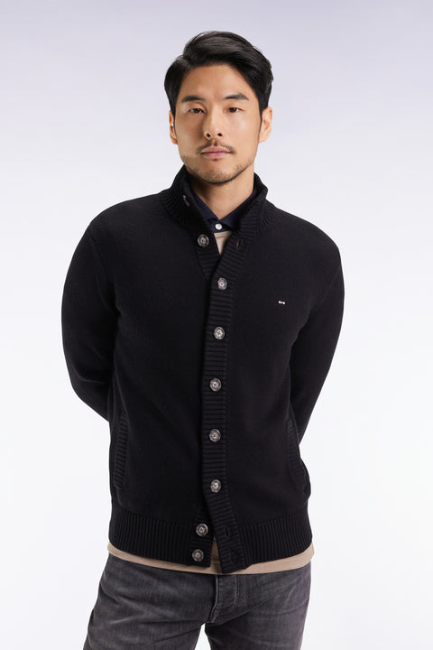 High-neck cardigan in black wool and cotton - Image 3
