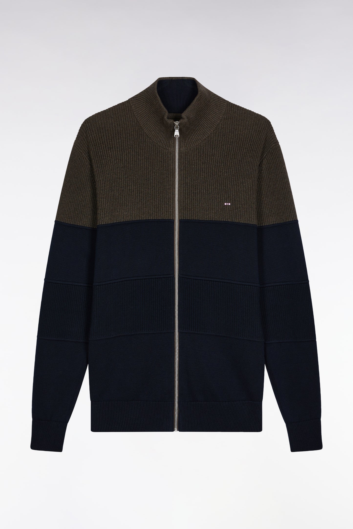 Zipped cardigan in two-tone navy and brown cotton, straight cut