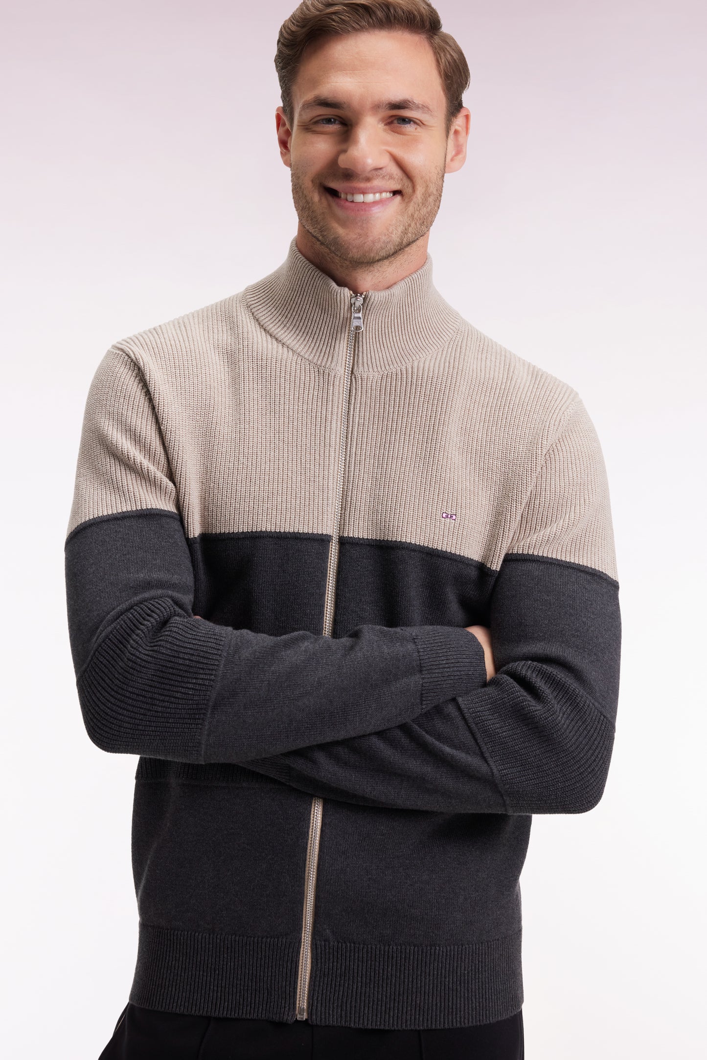 Zipped cardigan in two-tone beige and grey cotton, straight cut