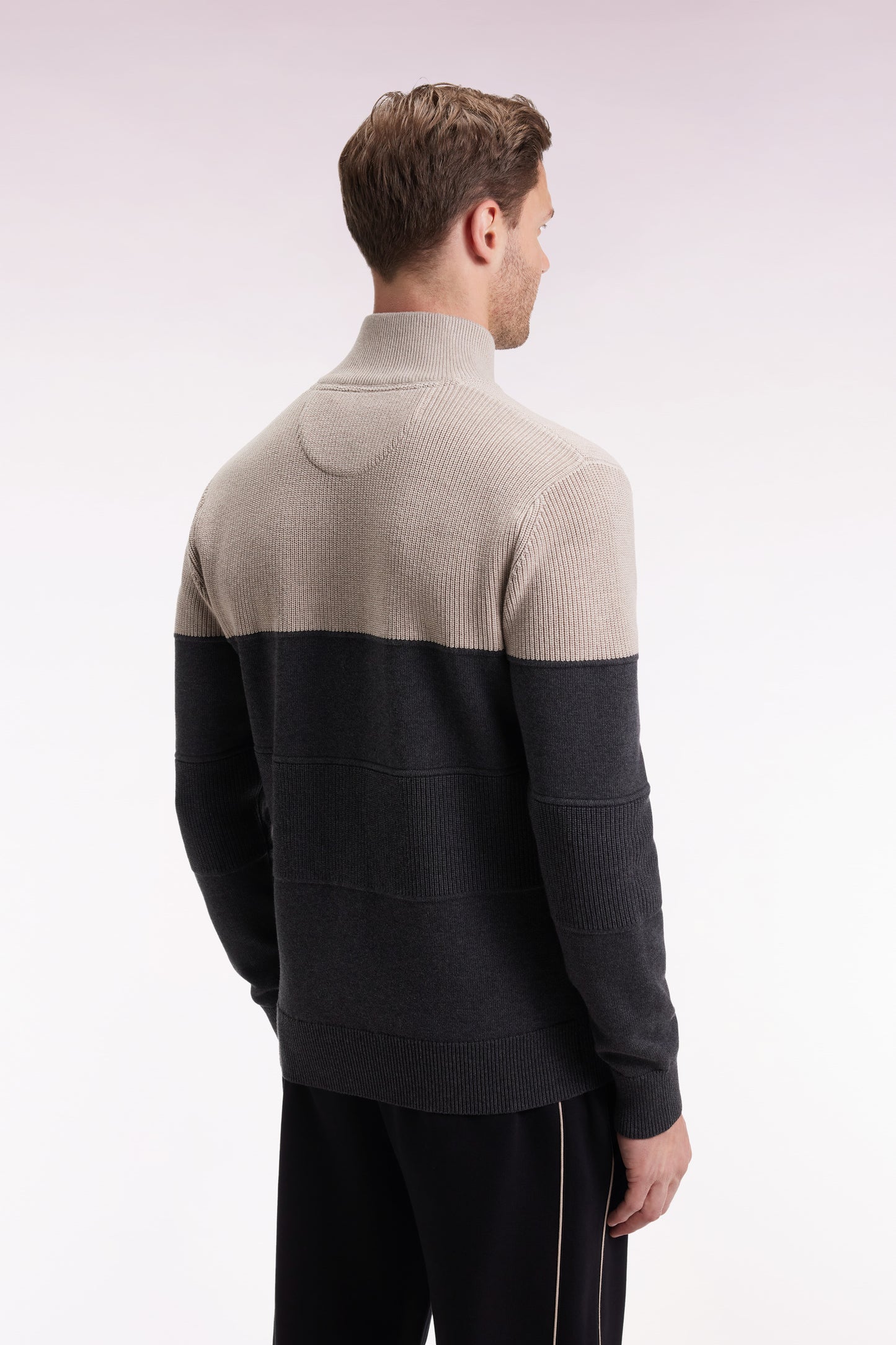 Zipped cardigan in two-tone beige and grey cotton, straight cut