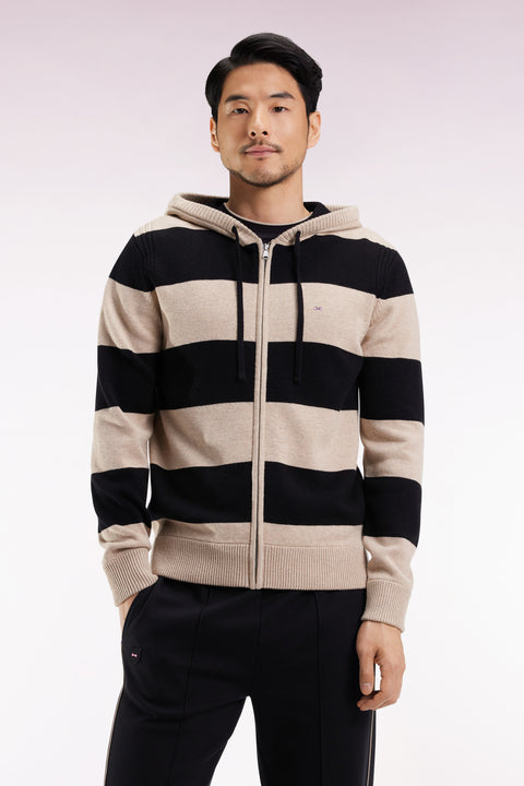Navy and beige striped wool and cotton zip-up hoodie, straight cut - Image 3