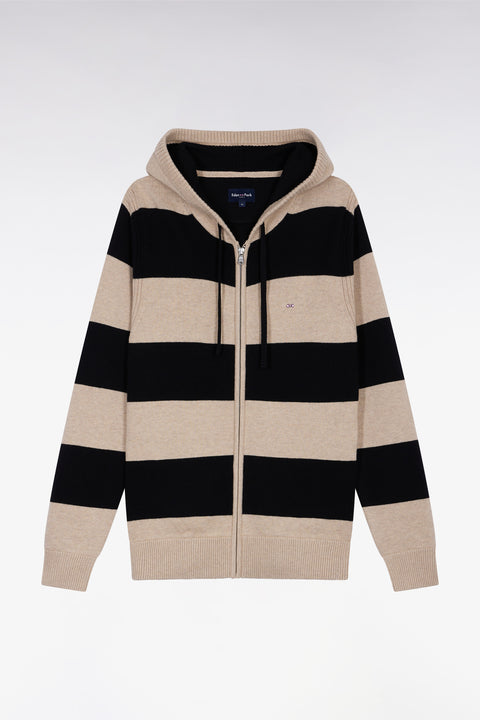 Navy and beige striped wool and cotton zip-up hoodie, straight cut - Image 2