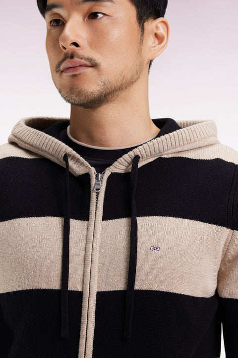 Navy and beige striped wool and cotton zip-up hoodie, straight cut - Image 1