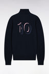Zipped cardigan in navy cotton with pink stripes, straight cut