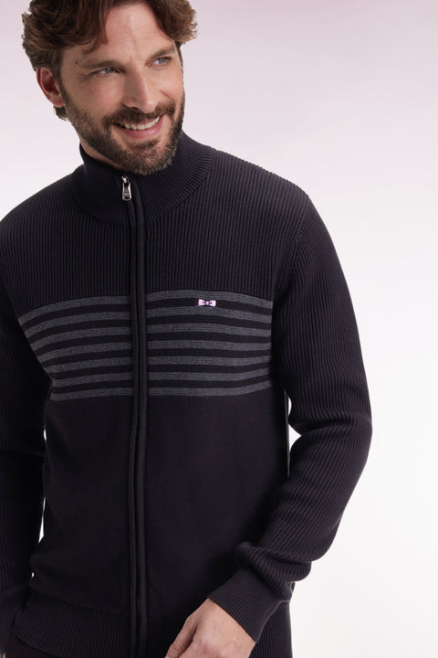 Zipped cardigan in black cotton with grey stripes, straight cut - Image 1