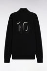 Zipped cardigan in black cotton with grey stripes, straight cut