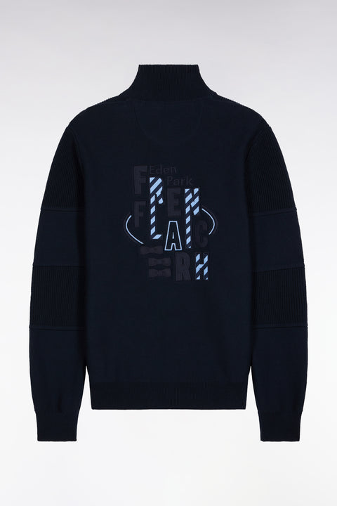 Zipped cardigan in navy cotton with sky back embroidery - Image 2