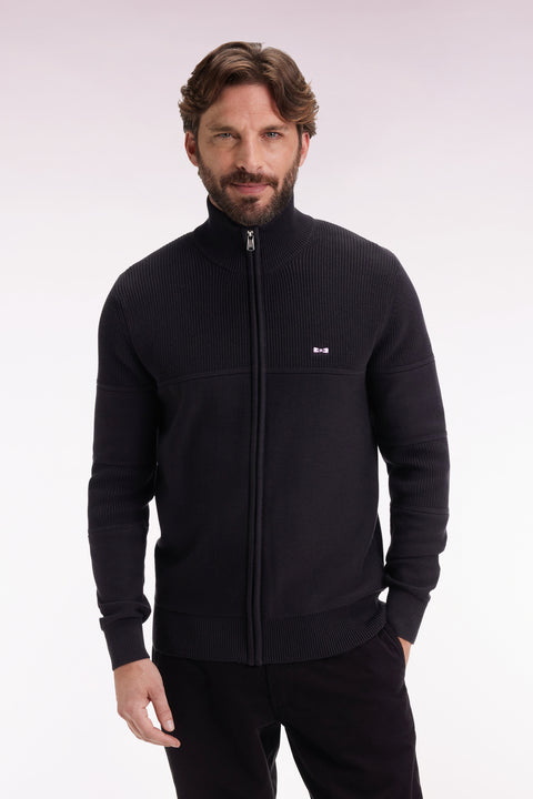 Zipped cardigan in black cotton with back embroidery - Image 3