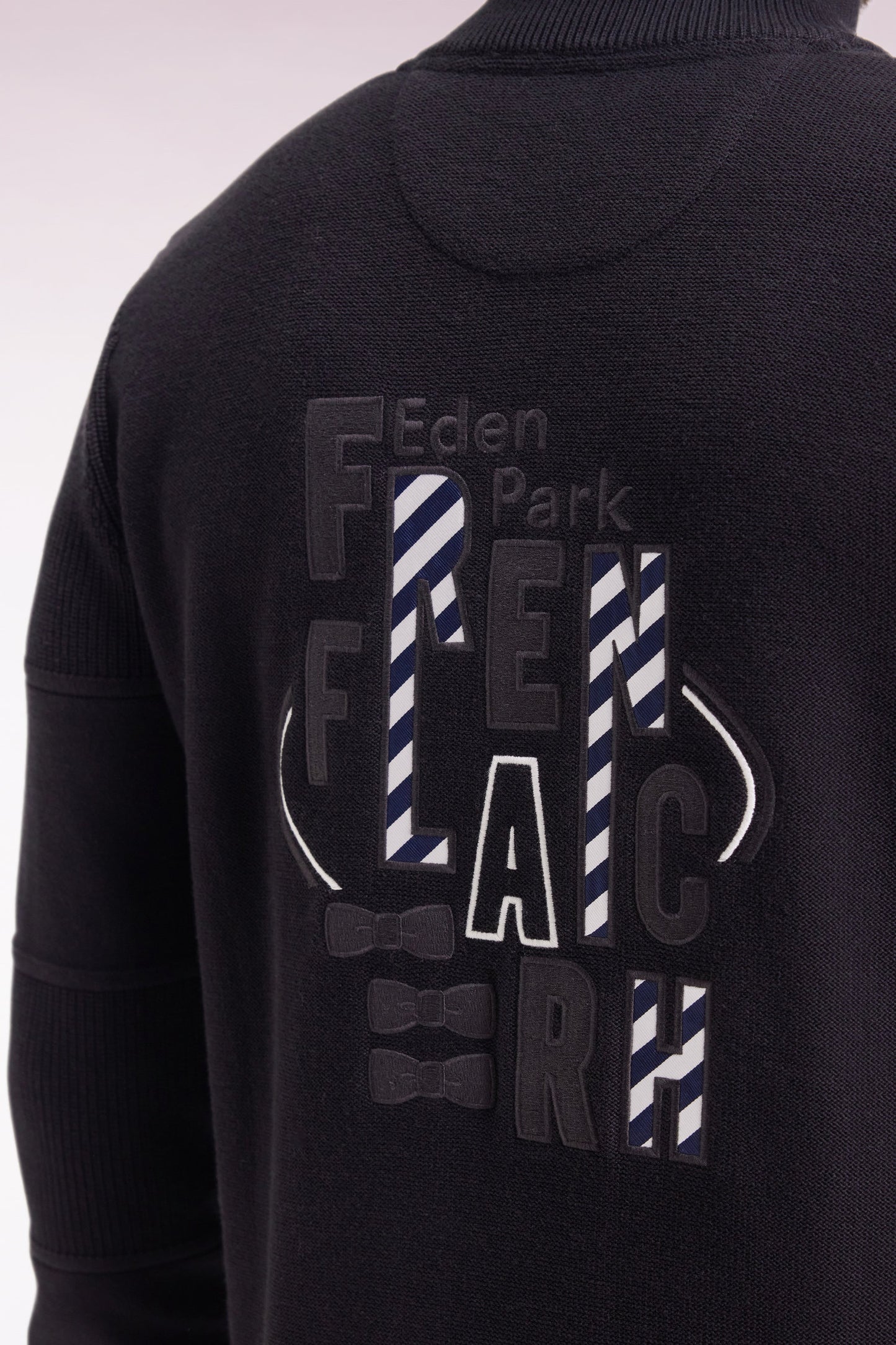 Zipped cardigan in black cotton with back embroidery