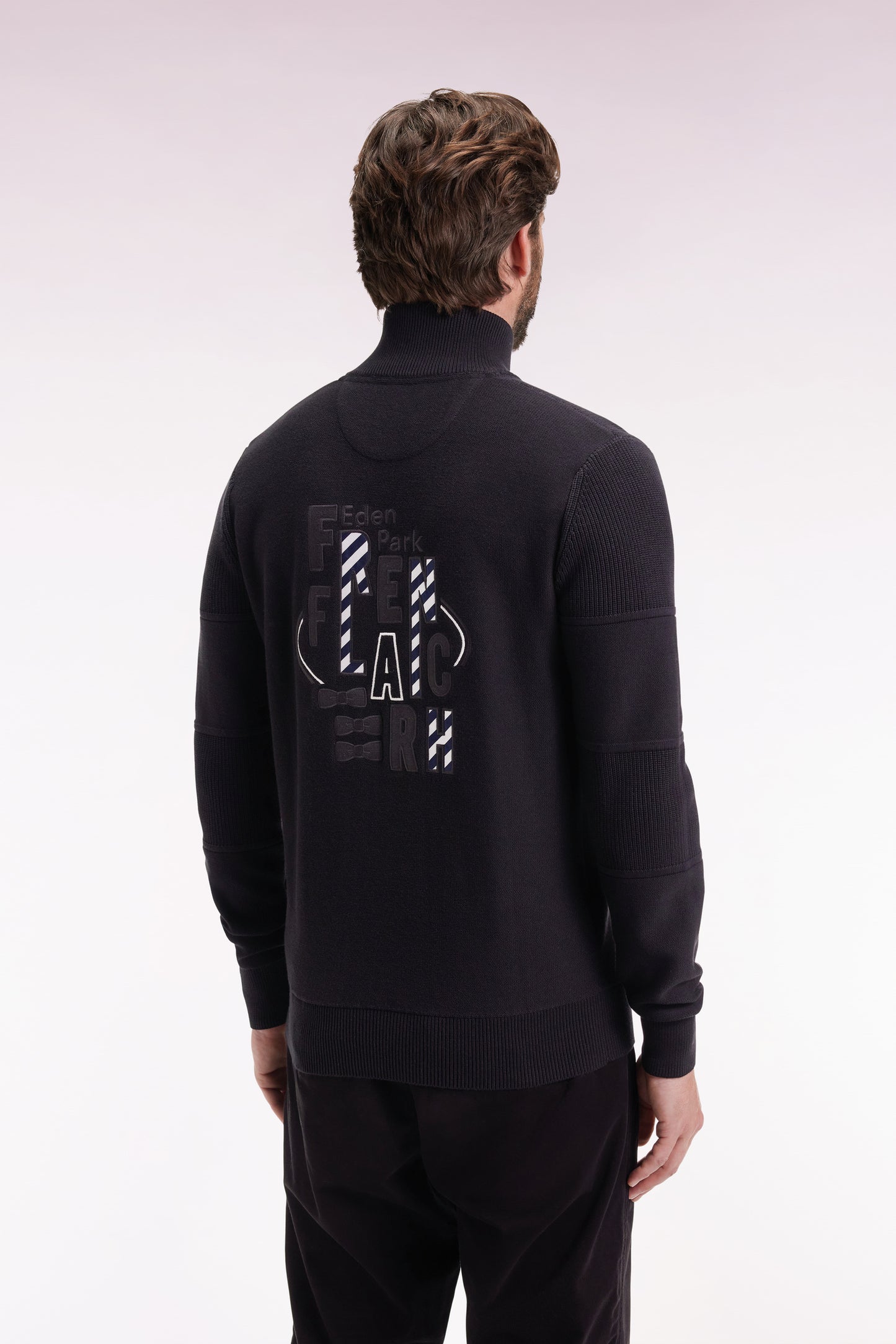 Zipped cardigan in black cotton with back embroidery