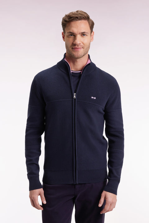 Zipped cardigan in navy cotton with pink back embroidery - Image 3