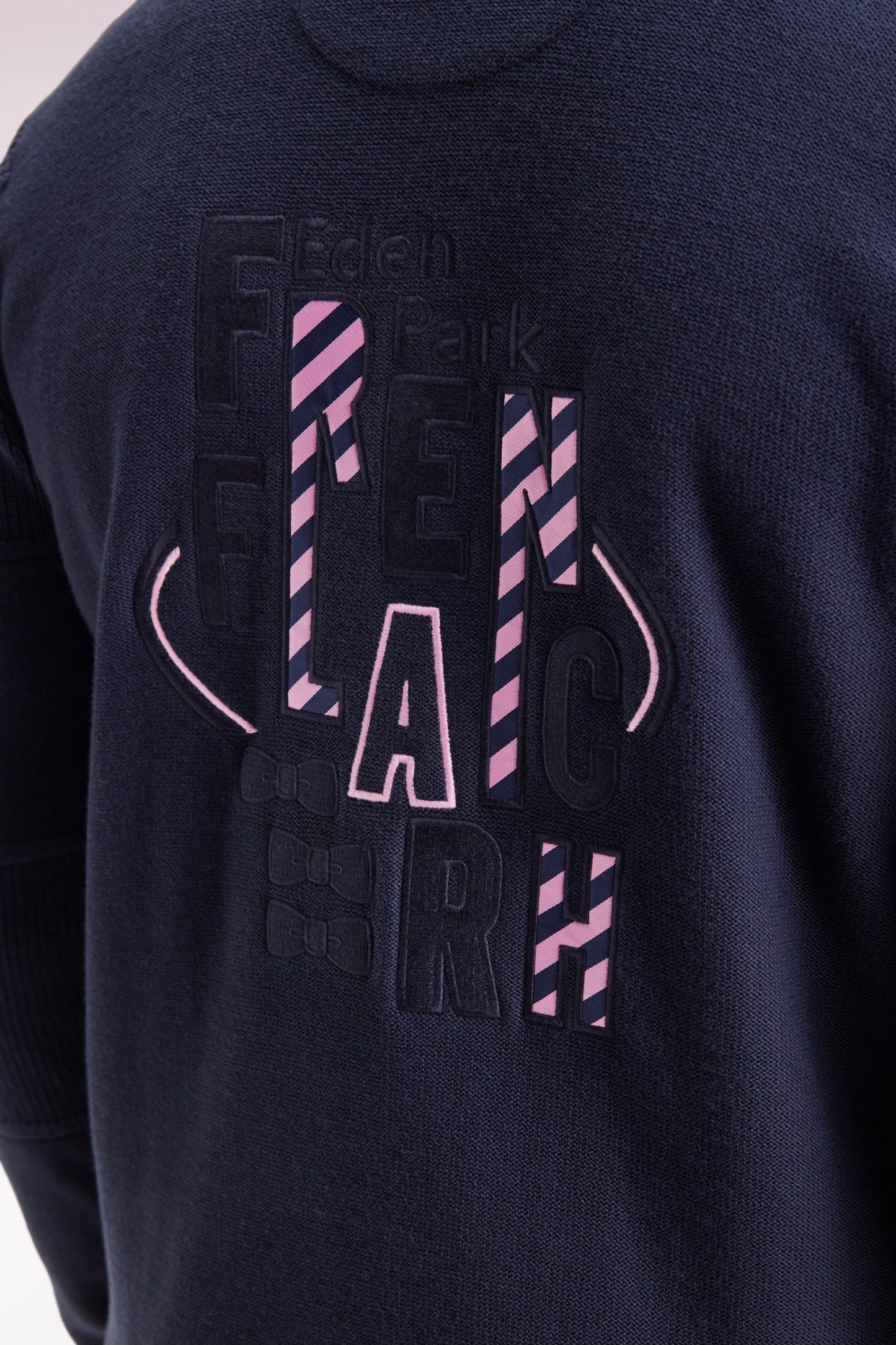 Zipped cardigan in navy cotton with pink back embroidery