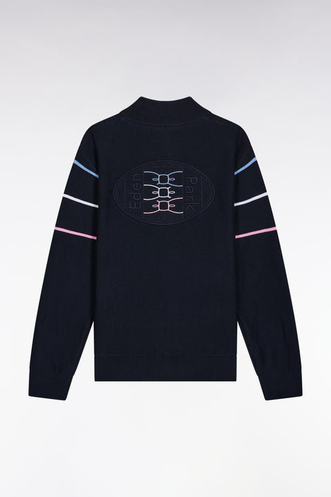 Zipped cardigan in navy cotton with three-tone embroidery - Image 1