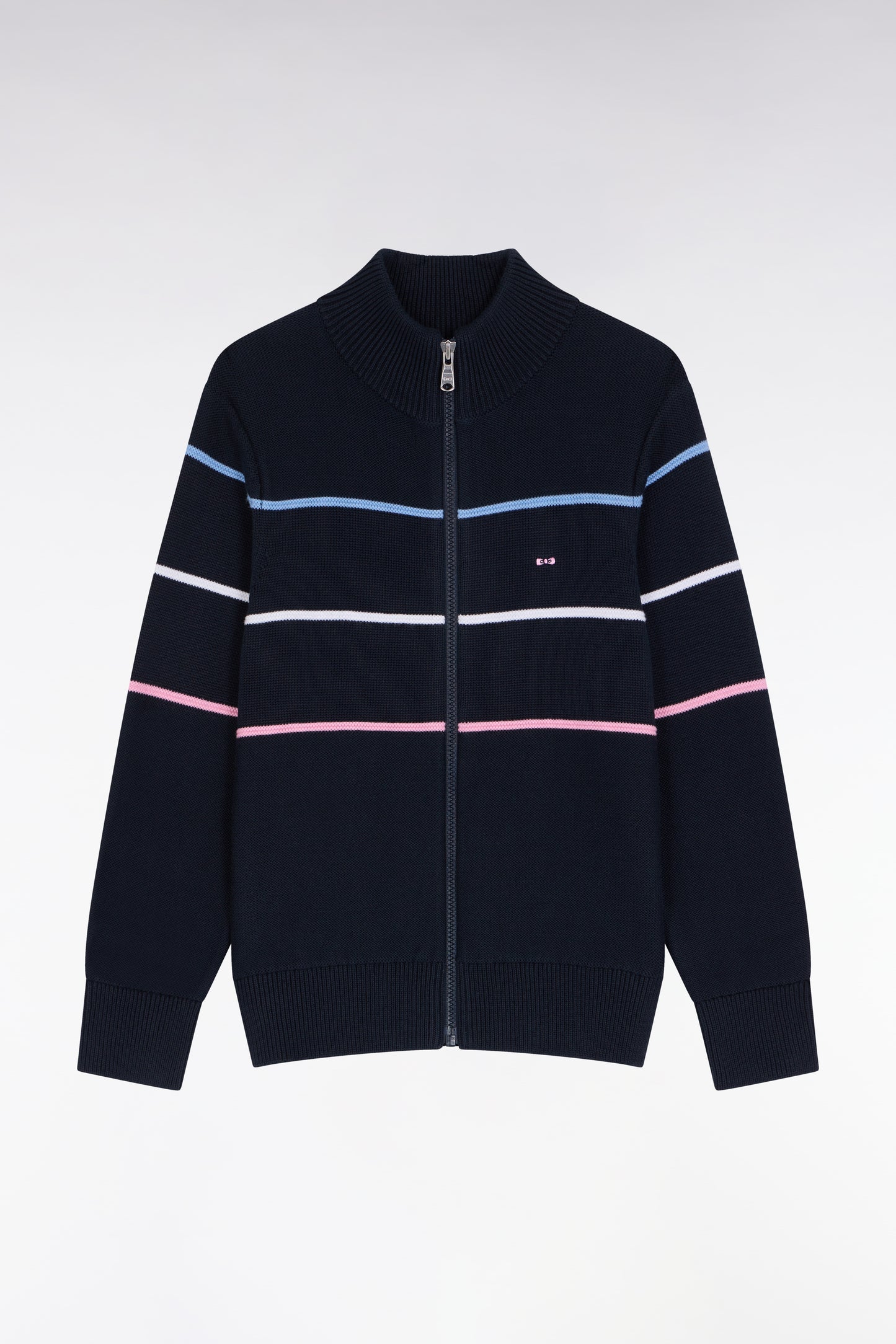Zipped cardigan in navy cotton with three-tone embroidery