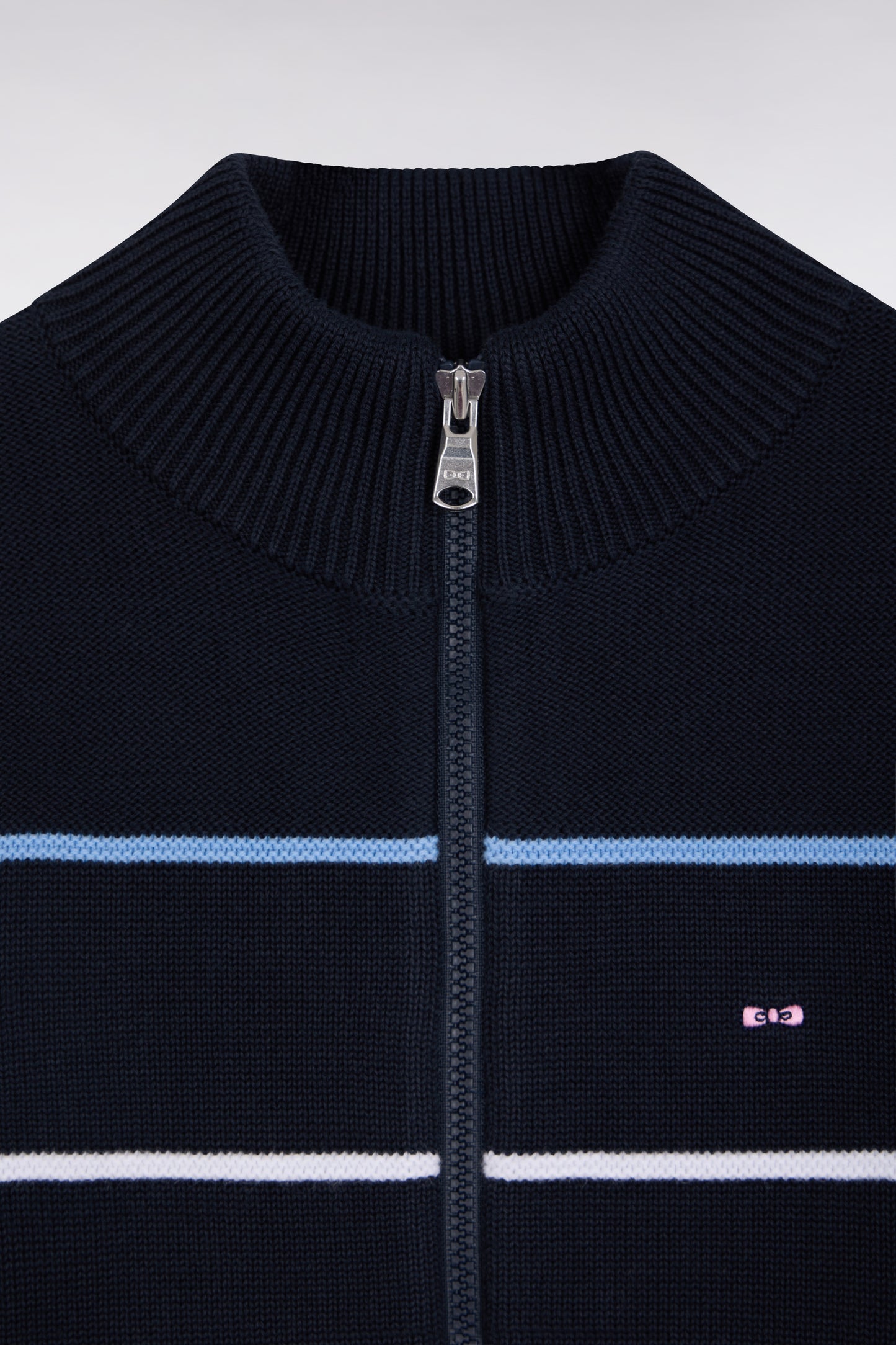 Zipped cardigan in navy cotton with three-tone embroidery