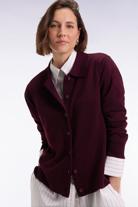 Cardigan with classic burgundy merino wool collar, straight cut - Image 3