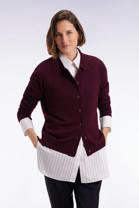 Cardigan à col classique en laine mérinos bordeaux coupe droite - Image 3