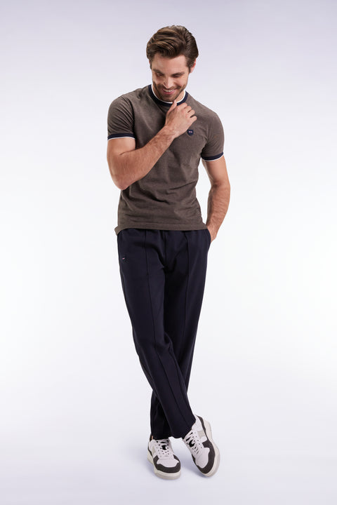 Navy brushed fleece jogging suit with piping and front pleats, straight cut - Image 1