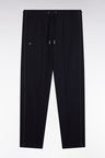 Navy brushed fleece jogging suit with piping and front pleats, straight cut