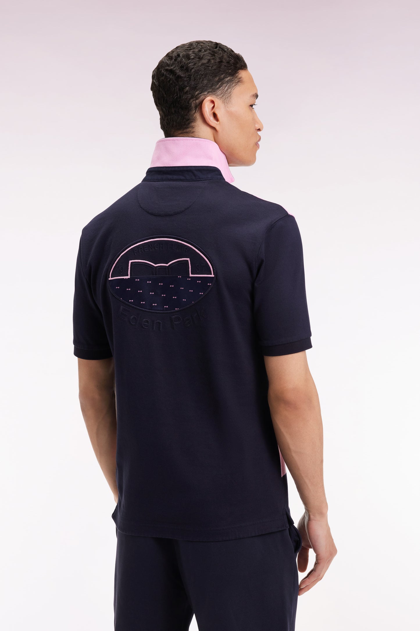 Pink and navy striped cotton short-sleeved jersey