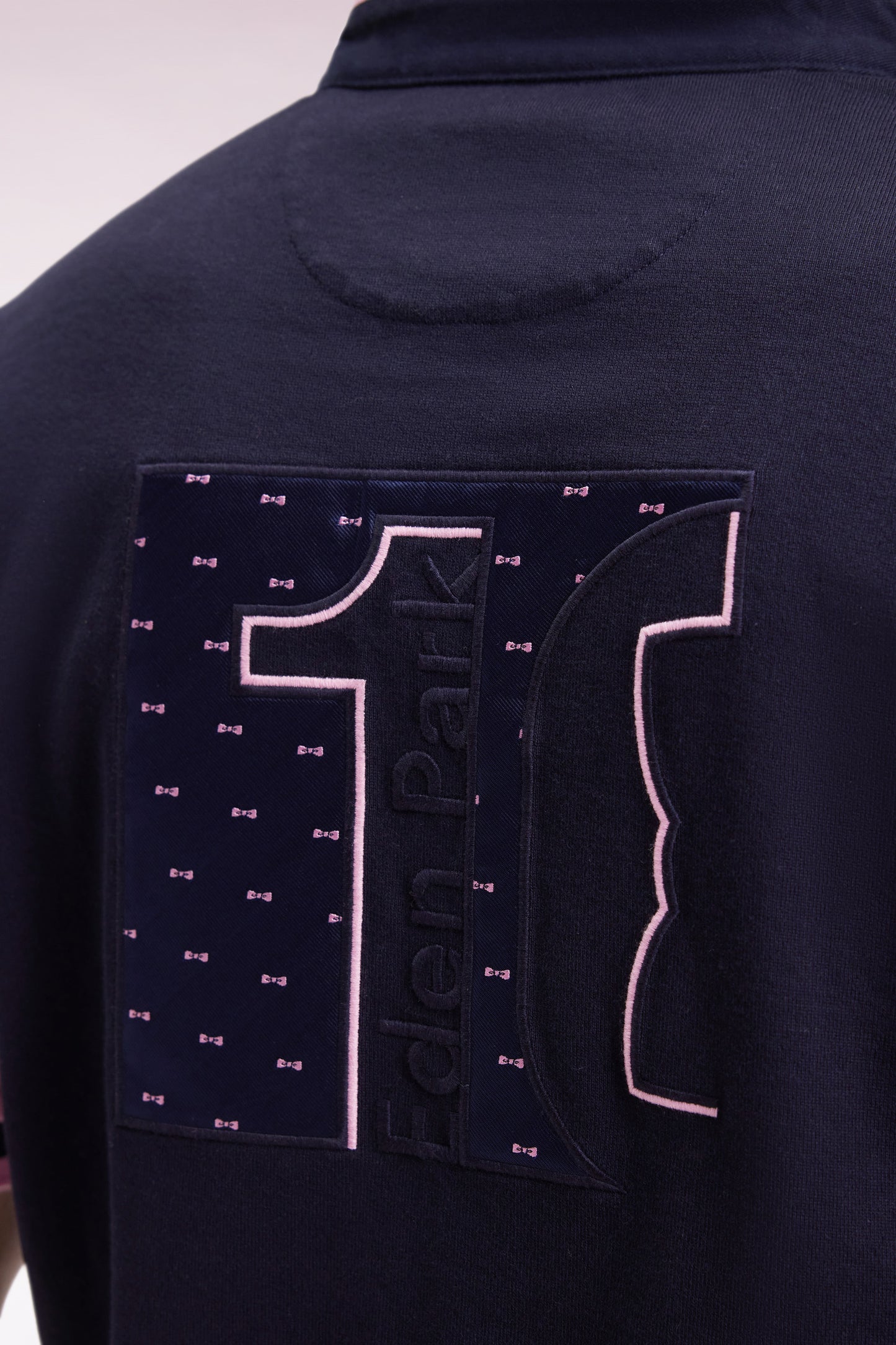 Short-sleeved jersey in navy cotton with pink sleeves