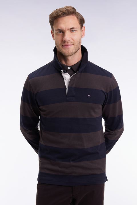 Long-sleeved jersey with brown and navy rugby stripes - Image 1