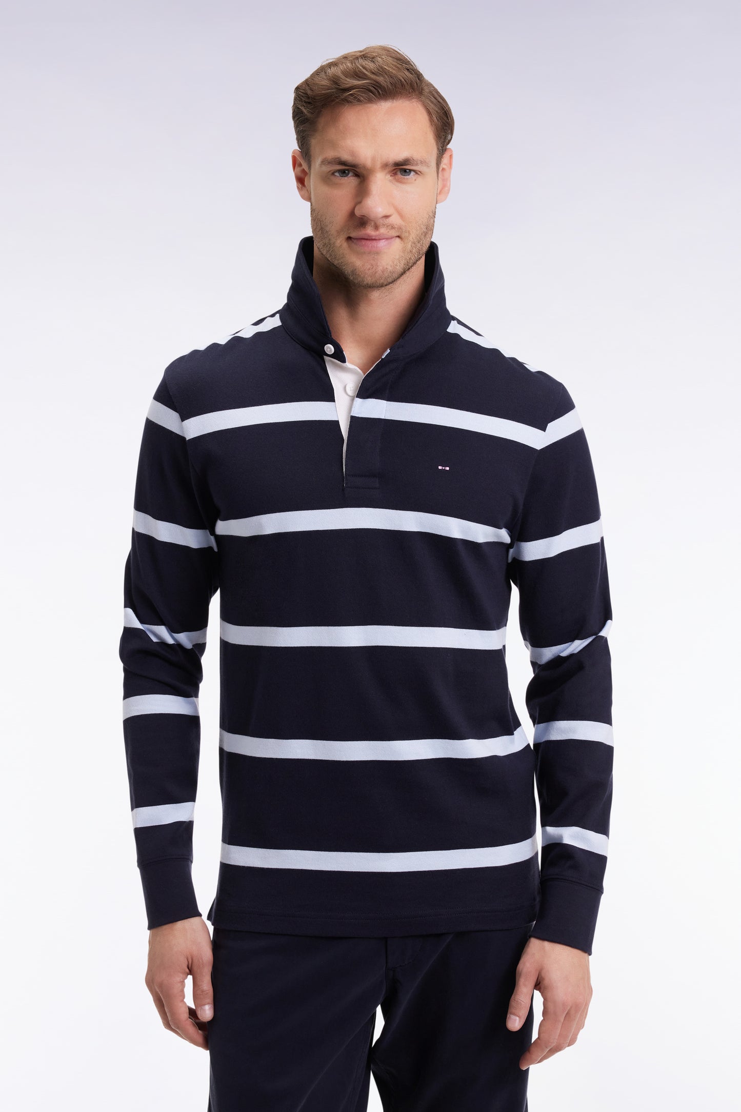 Long-sleeved jersey in navy cotton jersey with sky stripes