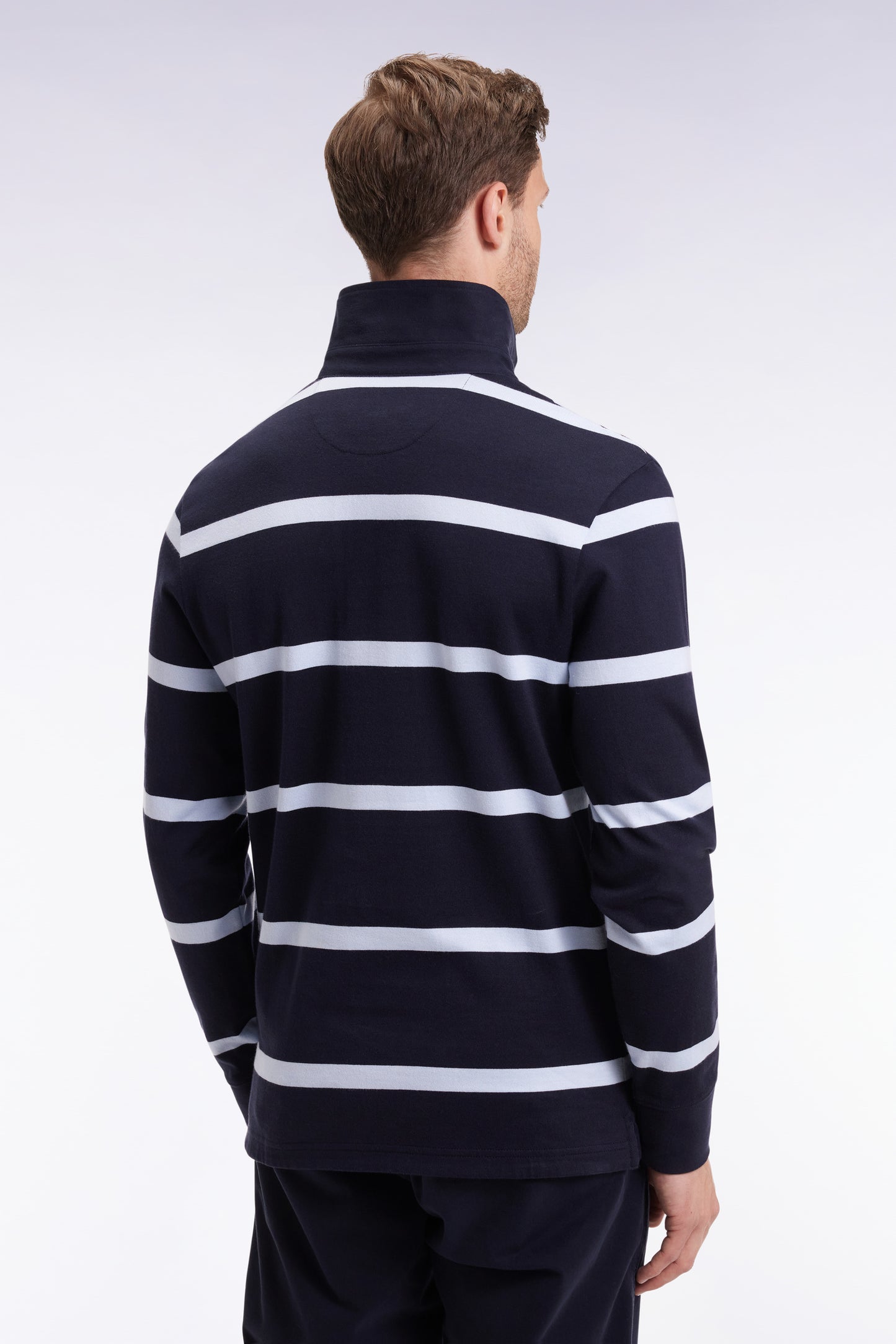 Long-sleeved jersey in navy cotton jersey with sky stripes