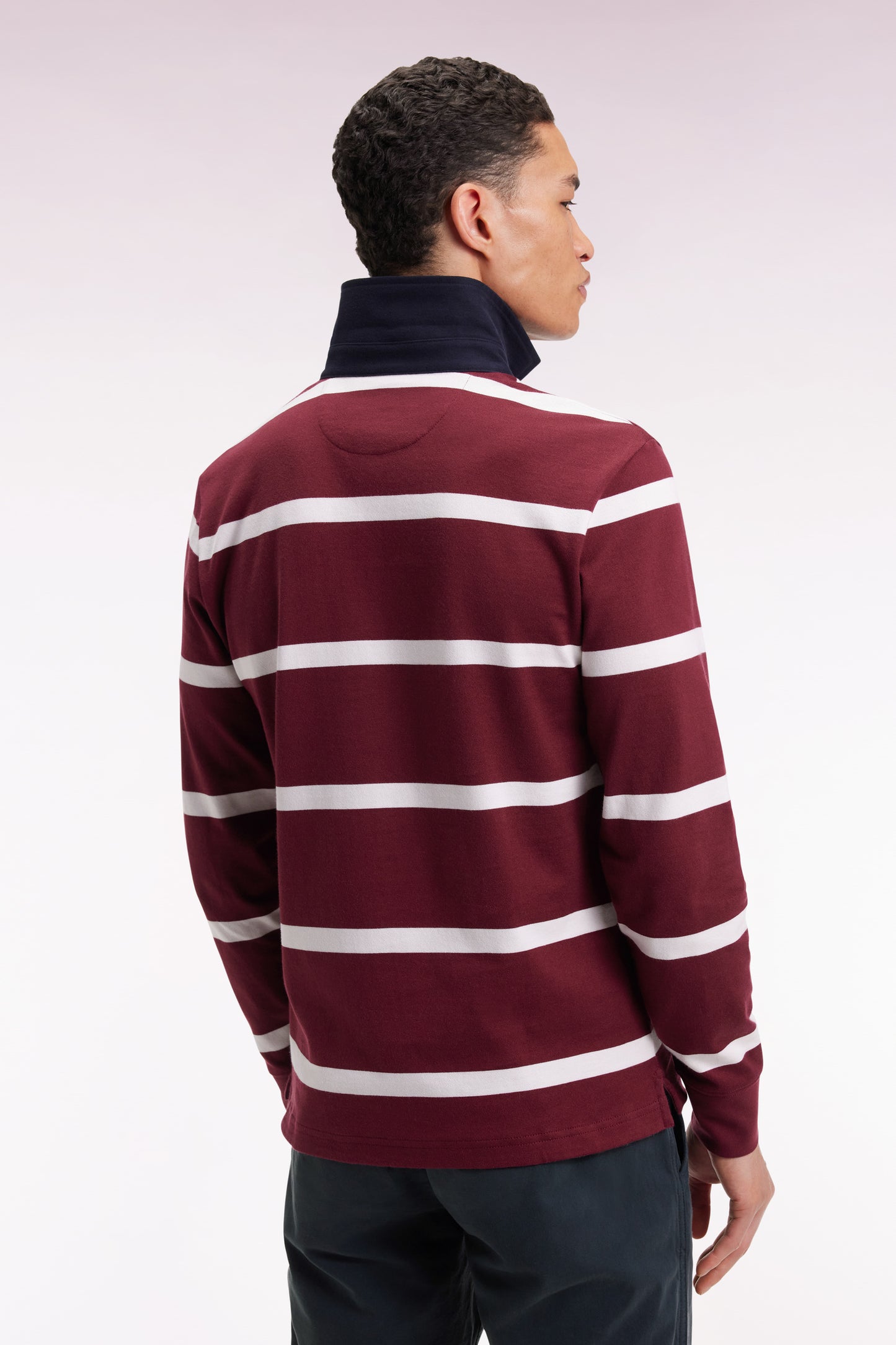 Long-sleeved jersey in burgundy cotton jersey with white stripes