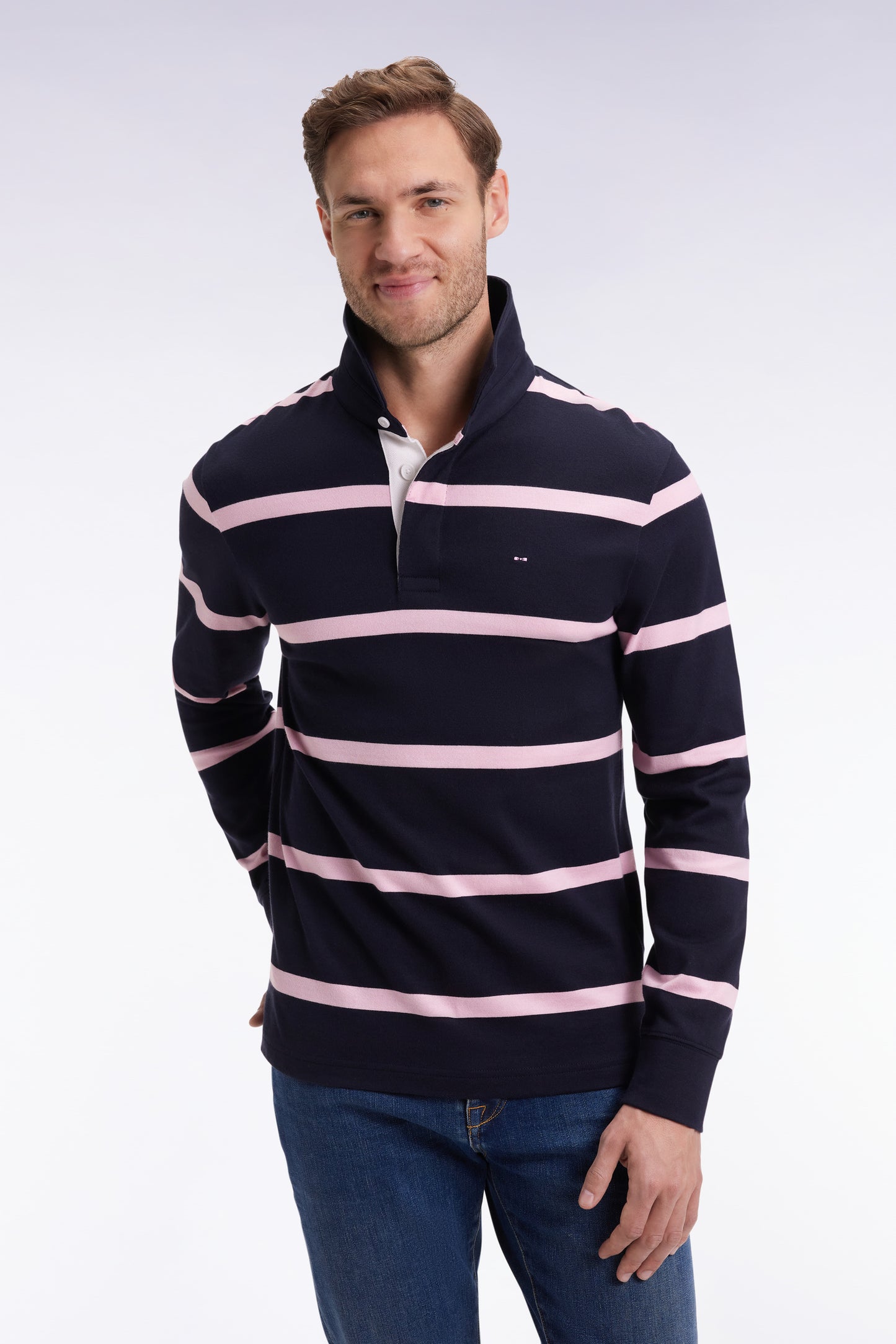 Long-sleeved jersey in navy cotton jersey with pink stripes