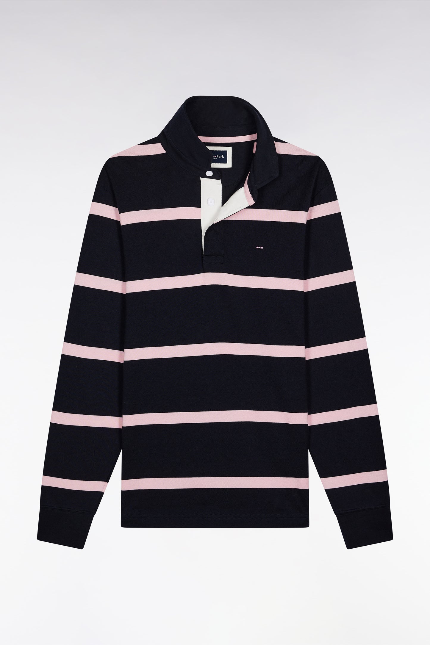 Long-sleeved jersey in navy cotton jersey with pink stripes