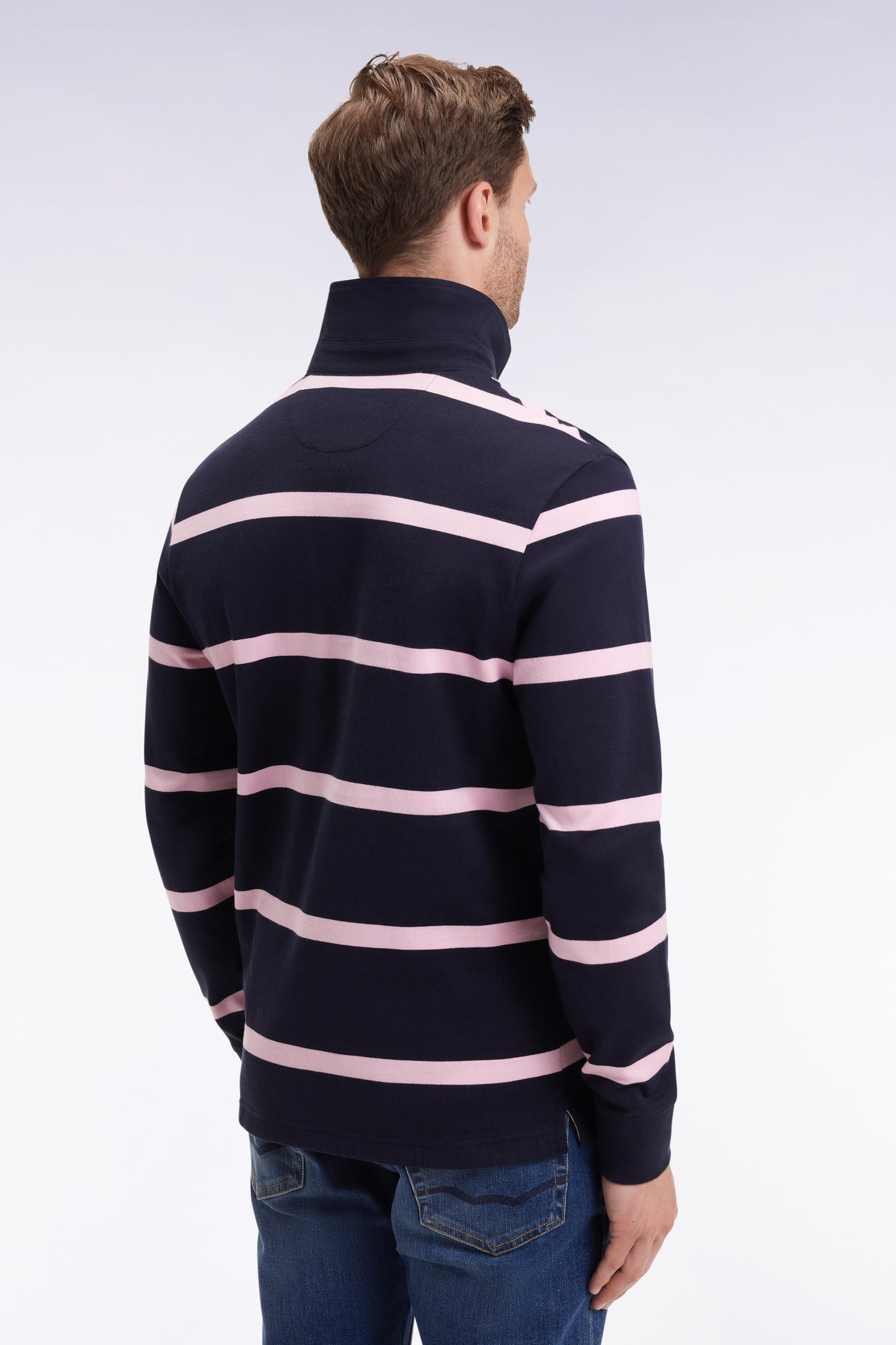 Long-sleeved jersey in navy cotton jersey with pink stripes