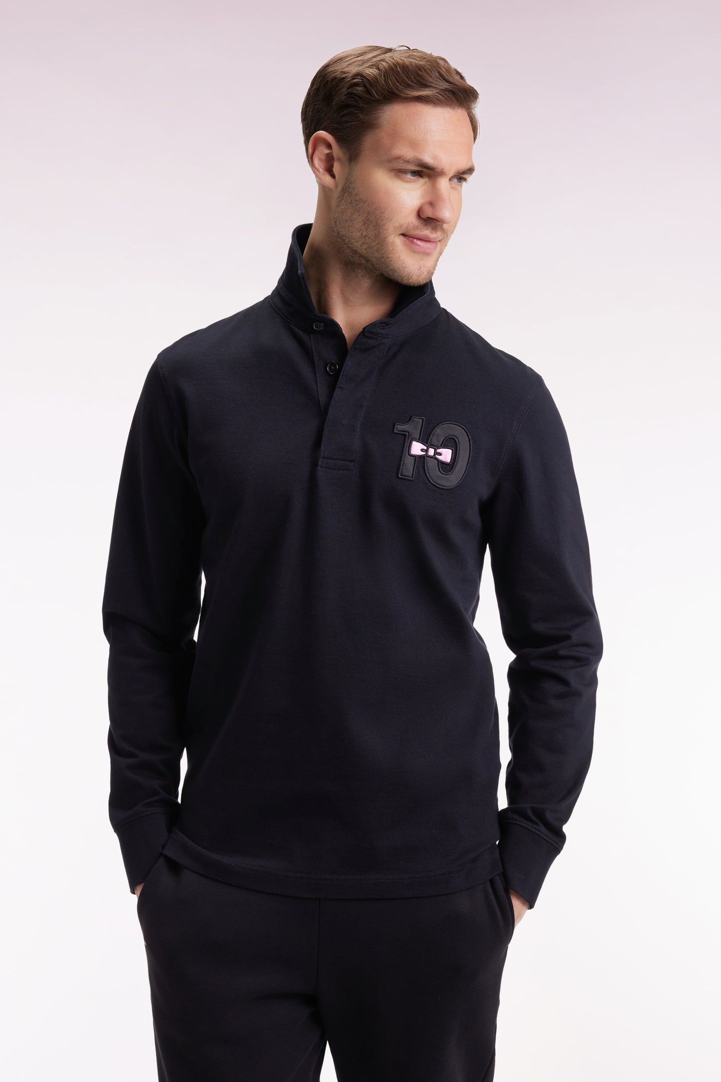 Long-sleeved jersey in thick black embroidered cotton jersey, straight cut