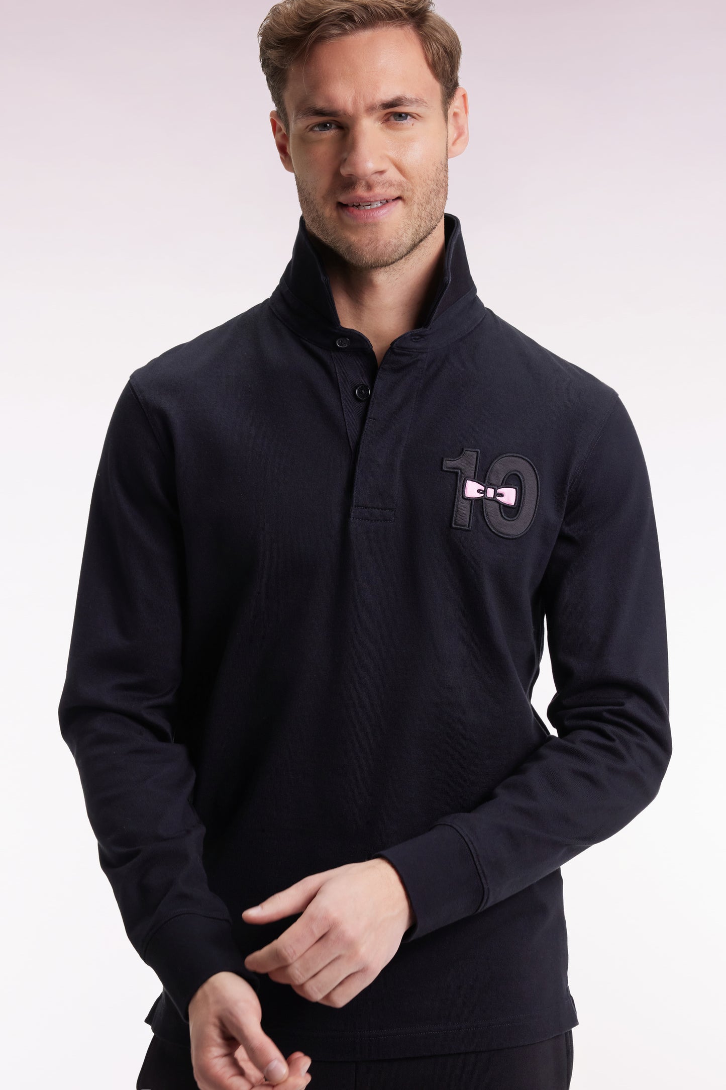 Long-sleeved jersey in thick black embroidered cotton jersey, straight cut