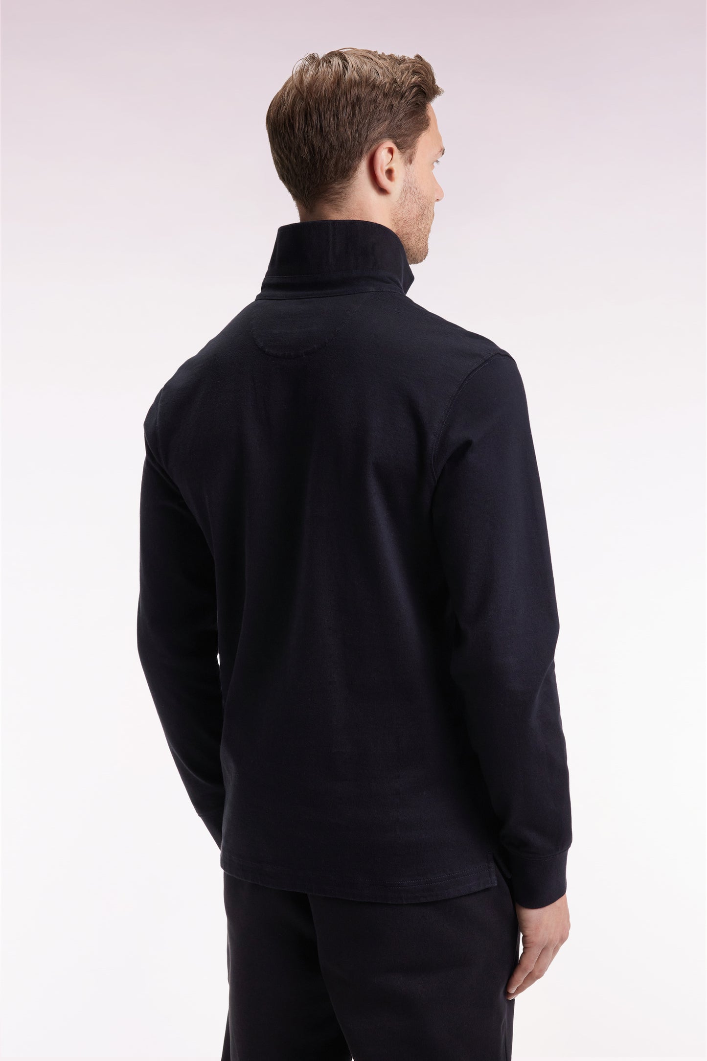 Long-sleeved jersey in thick black embroidered cotton jersey, straight cut
