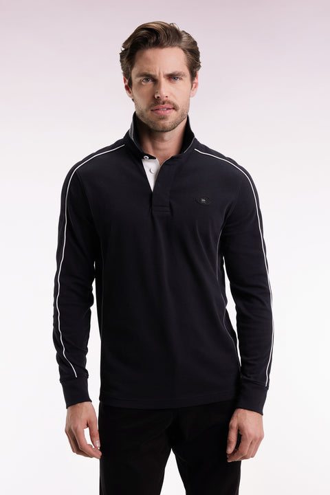 Long-sleeved jersey in thick black cotton with piping, straight cut - Image 3