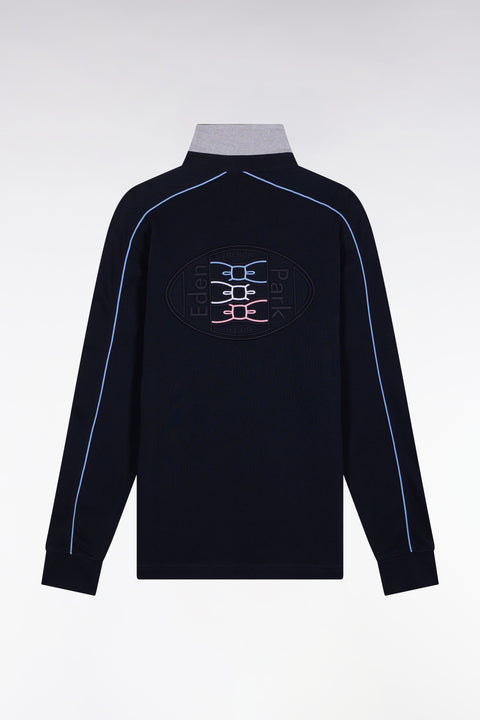 Long-sleeved shirt in thick navy cotton jersey with straight cut piping - Image 2