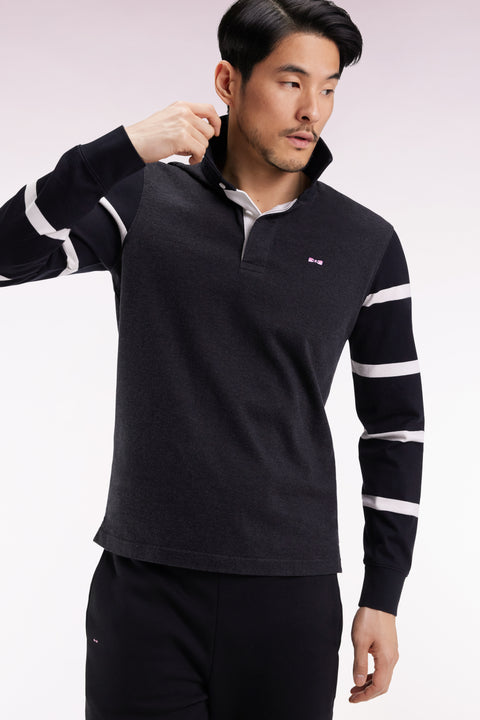 Long-sleeved jersey in thick grey jersey with striped sleeves, straight cut - Image 1