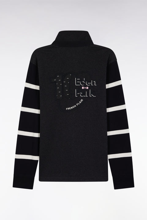 Long-sleeved jersey in thick grey jersey with striped sleeves, straight cut - Image 3